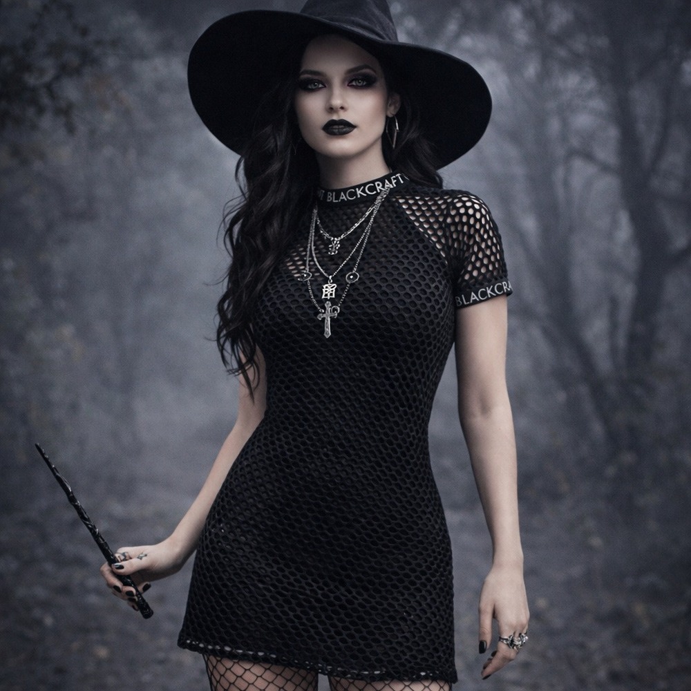 Hot Topic Blackcraft Cult‎ Fishnet Dress Goth Midi Size 2 Witchy Devilcore Punk